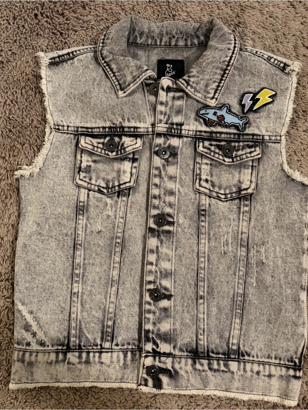 Art Class Gray Acid-Wash Denim Vest with Shark Patch